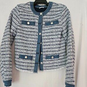ECRU cropped Jacket Sz XS Denim, Tweed and Fringed